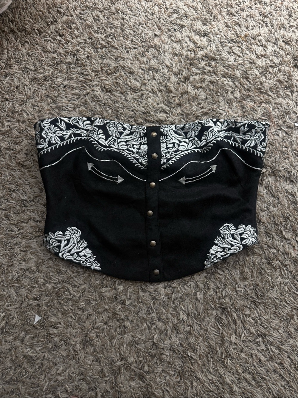 Black Strapless Embroidered Corset Top - White Floral Detail
